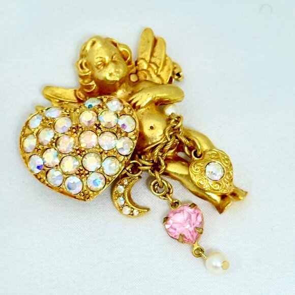 Rare Kirk's Folly Cherub Angel w/Rhinestone Heart Gold-Tone Angel Brooch - Picture 2 of 8